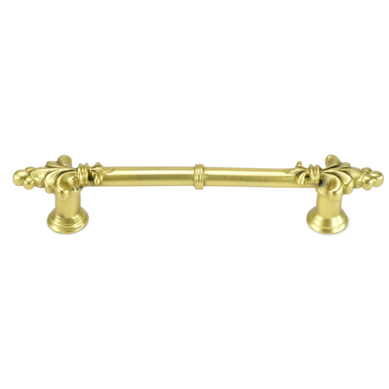 Charlemagne classic 4 inch center to center pull with small fleur de lys on ends  in finish Florentine Gold, Brushed Brass