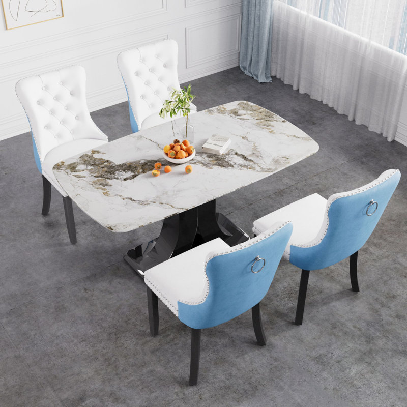 Ensemble de salle à manger à piédestal Vasia, Noir, Bleu, 5
