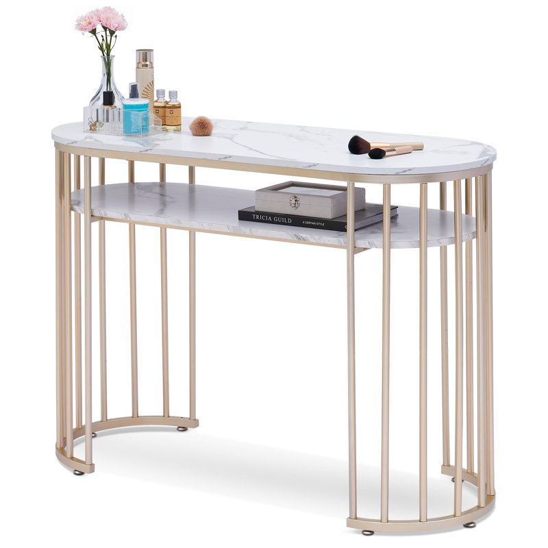 White Marbling Texture Vanity Desk with Gold Metal Frame