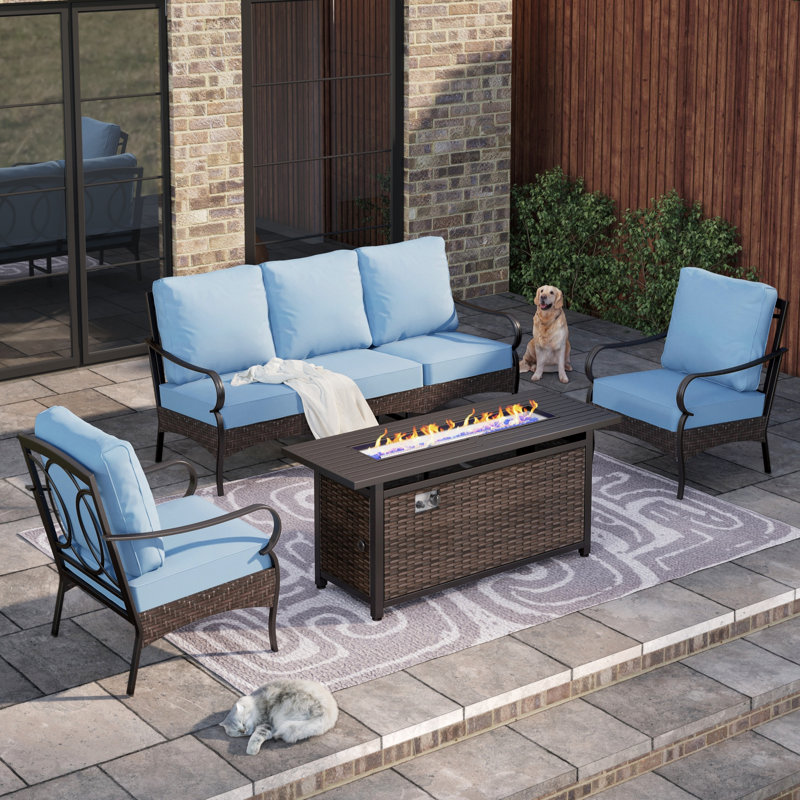 Ensemble de conversation pour patio 5 personnes avec table foyer , 5 Pcs: Fire Pit, 2 Chairs, Sofa, Table, Bleu