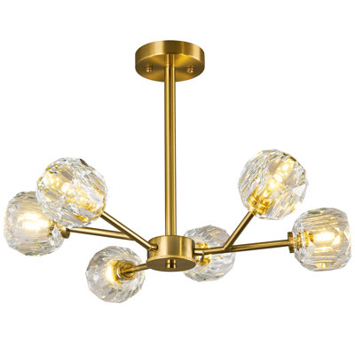 6-Light Modern Gold Crystal Pendant Light Sputnik Chandeliers Mid Century Industrial Semi Flush Mount Ceiling Light For Kitchen Dining Room Bedroom Living Room Foyer Entryway