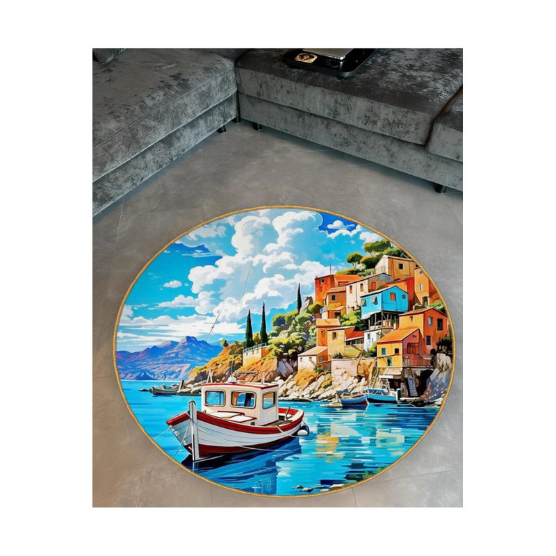 Boat And Seaside Town Themed Patterned Woven Base Decorative Carpet, Round 4'