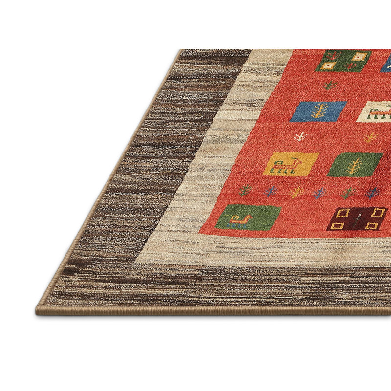 Tapis contemporain vert / rouge / beige, Rectangle 4 pi x 6 pi