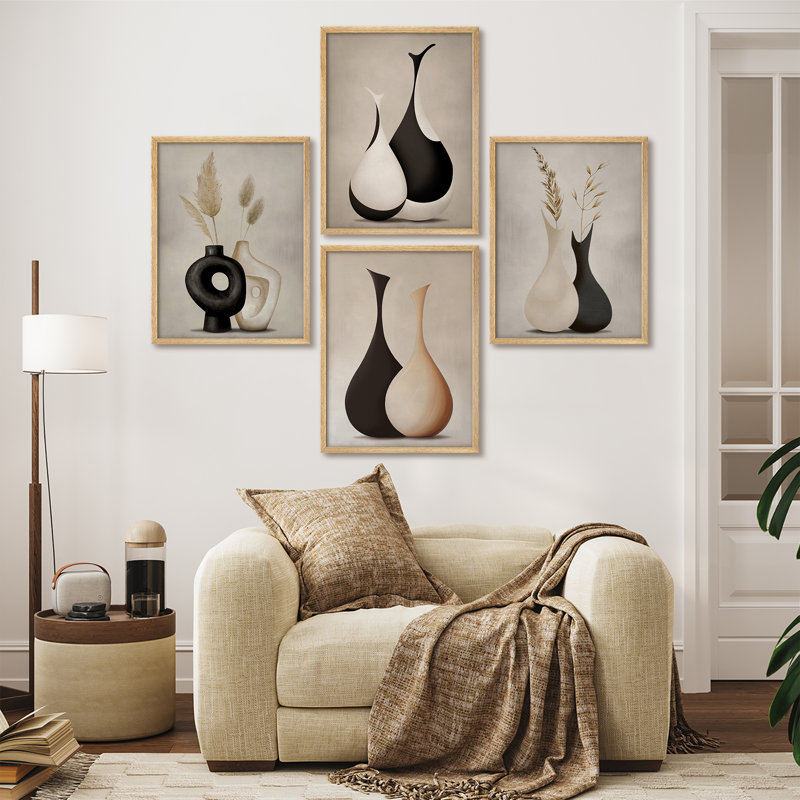Ensemble de 4 pièces d'art mural moderne vase neutre - impressions bohème minimalistes avec de l'herbe de pampa pour la chambre ou le salon