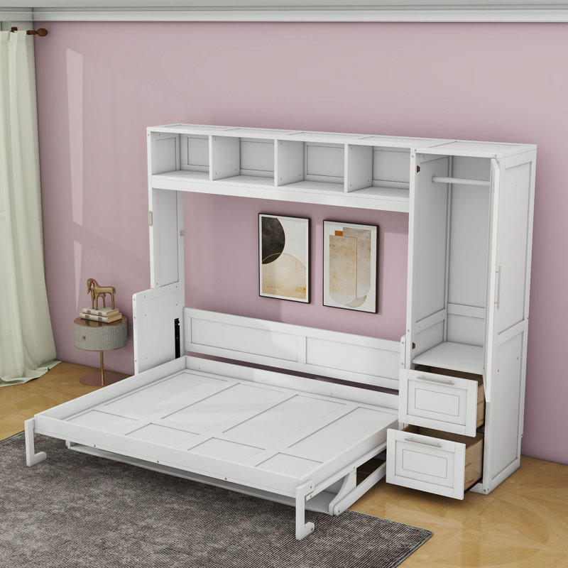 Lit escamotable en bois avec tablettes, placard et tiroirs Ladontay, Grand, Blanc