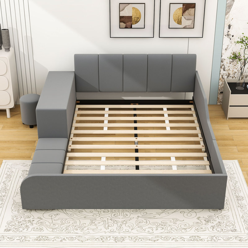 Lit plateforme en velours avec bureau Wakeeny, gris, Double