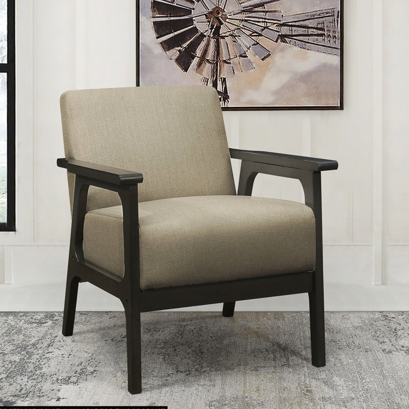 Chaise d'appoint de salon en tissu texturé, brun, bois d'hévéa massif, gris gris antique, profondeur d'assise: 21,5 po