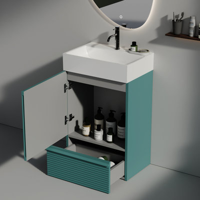 Meuble-lavabo rayé 20 po - Aigue-marine avec lavabo en céramique, poignée pour personnes âgées, coffre-fort caché