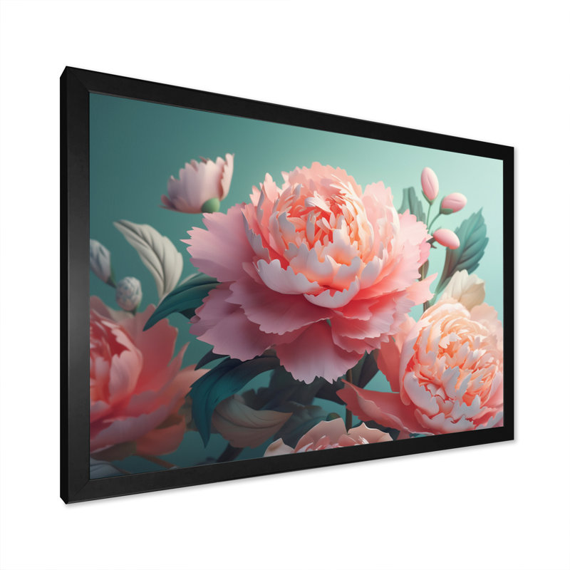 Pivoine rose verte en mouvement I sur toile, Cadre photo noir, H 12 po x l 20 po x P 1 po