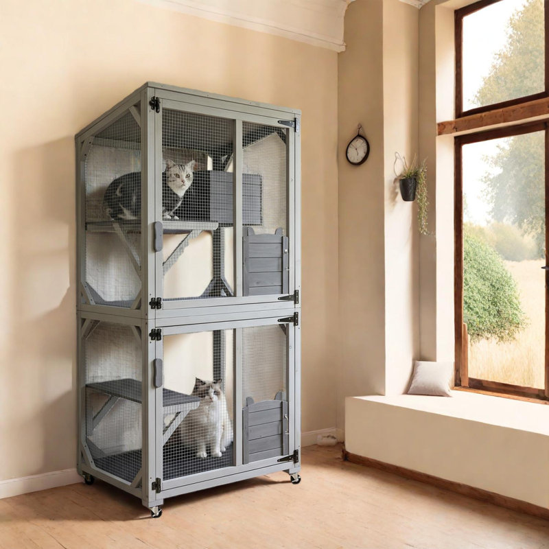 Enceinte d'extérieur pour chat de 71,2 po de hauteur avec roulettes, Catio en bois multi-niveaux, portes verrouillables et tapis amovible