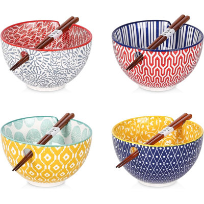 Ensemble de bols en céramique Ramen, bols à nouilles 15 oz pour cuisine avec baguettes, bols à soupe profonde pour ramen japonais Udon Soba, va au lave-vaisselle au micro-ondes, cadeau, ensemble de 4 couleurs assorties