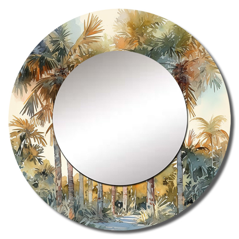 Pozek Green Palm Tree Paradise III - Traditional Wall Mirror, Green Round Decorative Mirror, Printed Metal Art, 29" x 29"