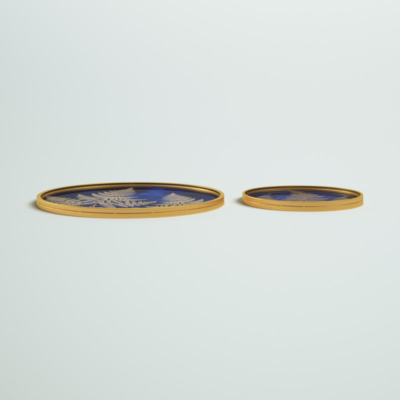 Set of Two Assorted Blue and Gold Glass Trays with Fern Accents