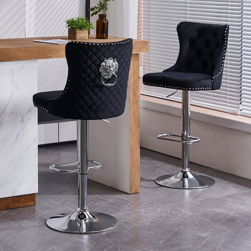 Swivel Upholstered Adjustable Height Counter Stool with Metal Frame, Black, Silver