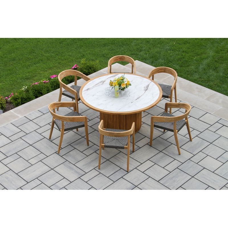 Estate 7 Pc. Round Teak & Stone Dining Set With Wicker Stacking Chairs, Ivory, Gray/Natural
