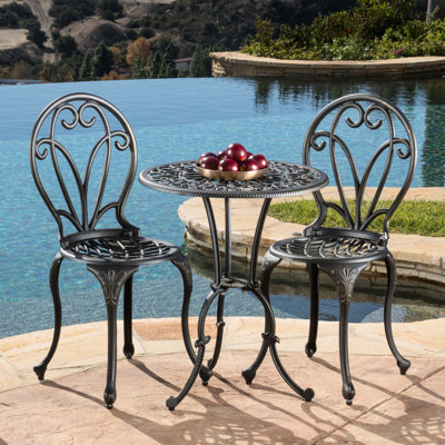 3 pièces Cast Bistro - aluminium, superbe pour le patio et la cour, noir et or, sièges, design, pieds élégants, délice de style cour de table, chaises à imprimé floral, -,