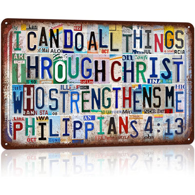 Vintage I Can Do All Things Through Christ Who Strengthens Me Metal Tin Signs Religious Wall Decor for Office Gym Bedroom Gift,12x8 inch