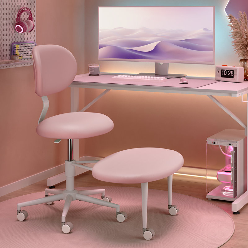 Chaise de bureau rembourrée ergonomique à pieds croisés avec support lombaire et roulettes, Rose