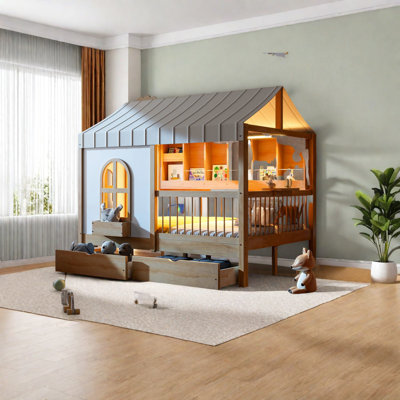 Lit spacieux en bois avec rangement et bibliothèque à DEL, naturel