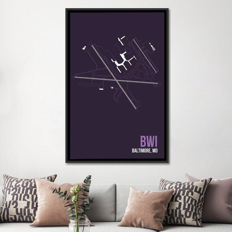 « baltimore-washington », impression sur toile, "aéroport diagram, H 26 po x l 18 po x P 1,5 po, Toile avec cadre noir