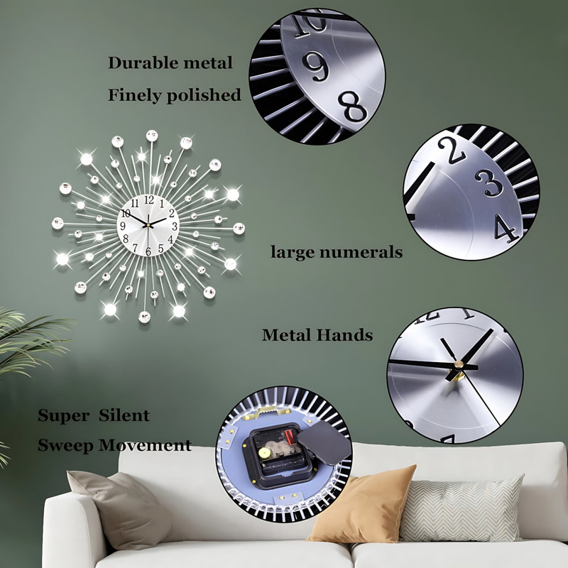Grande horloge murale moderne argentée 20 pouces Grande horloge murale décorative 3D à piles pour le salon