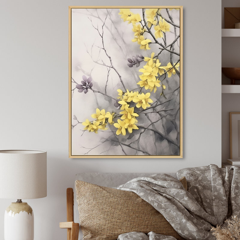 «Yellow Grey Lilacs Fragrants Blossum», reproduction sur toile, H 44 po x l 34 po x P 1,5 po, Cadre naturel flottant