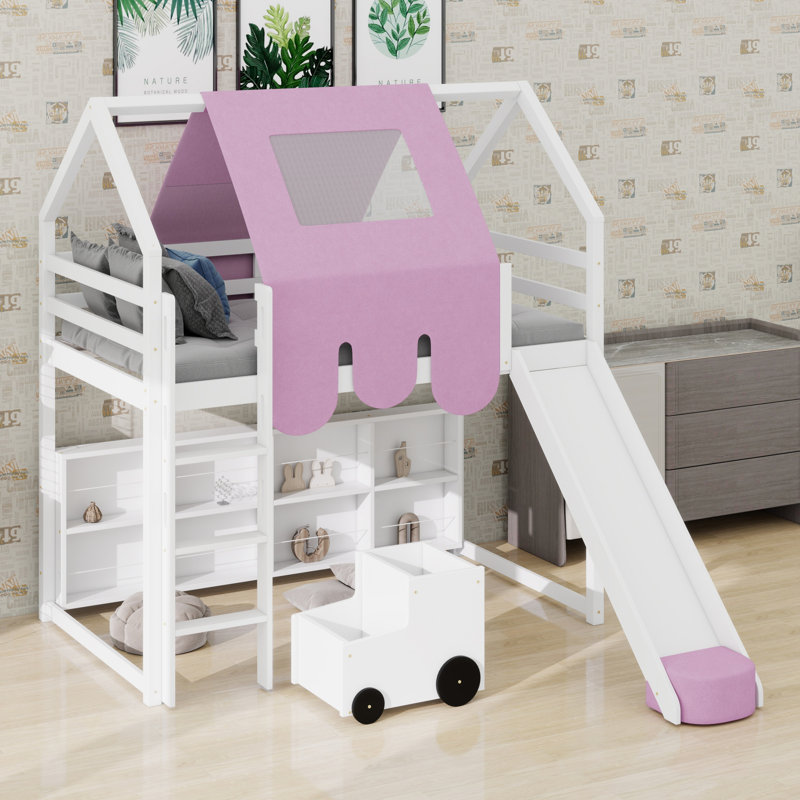 Lit mezzanine complet avec tente, Blanc + rose