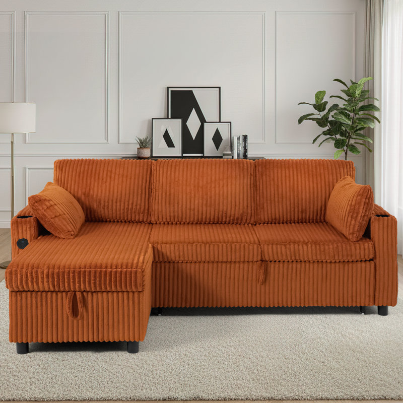 84" Corduroy L Shaped Sofa W/ Pull Out Sofa Bed & Adjustable Backrests, Orange