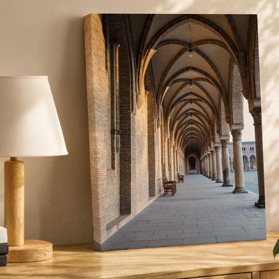 Canvas A Serene Interior Of A Grand Architectural Space Featuring A Wall Art Long Corridor Lined With Tall Slender Columns And Pointed Canvas Wall Art