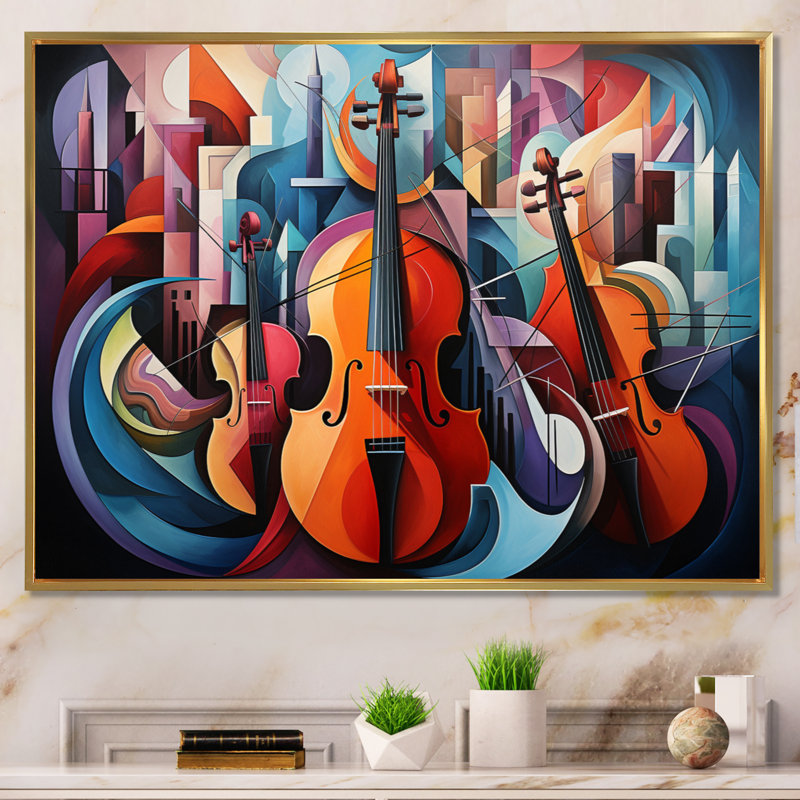 Cubism Music Forms IV - Cubism Canvas Wall Art, Cadre flottant doré, H 30 po x l 40 po x P 1,5 po