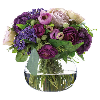 Ranunculus/rose/ruscus In Glass Vase Purple Lilac