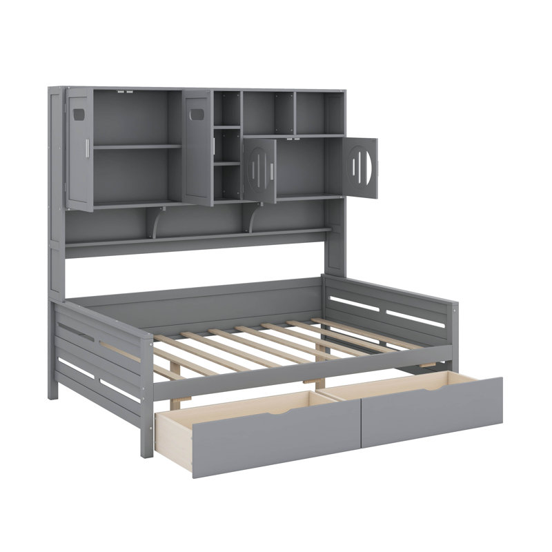 Lit de jour en bois avec tiroirs, Complet/Double, Gris