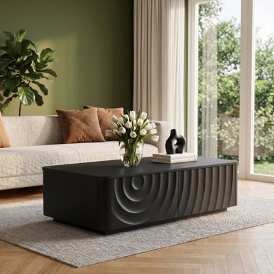 47.2'' Rectangular Coffee Table With Drawers, Wave Texture MDF Center Table, Low Profile Wood Look, Walnut Brown / Black