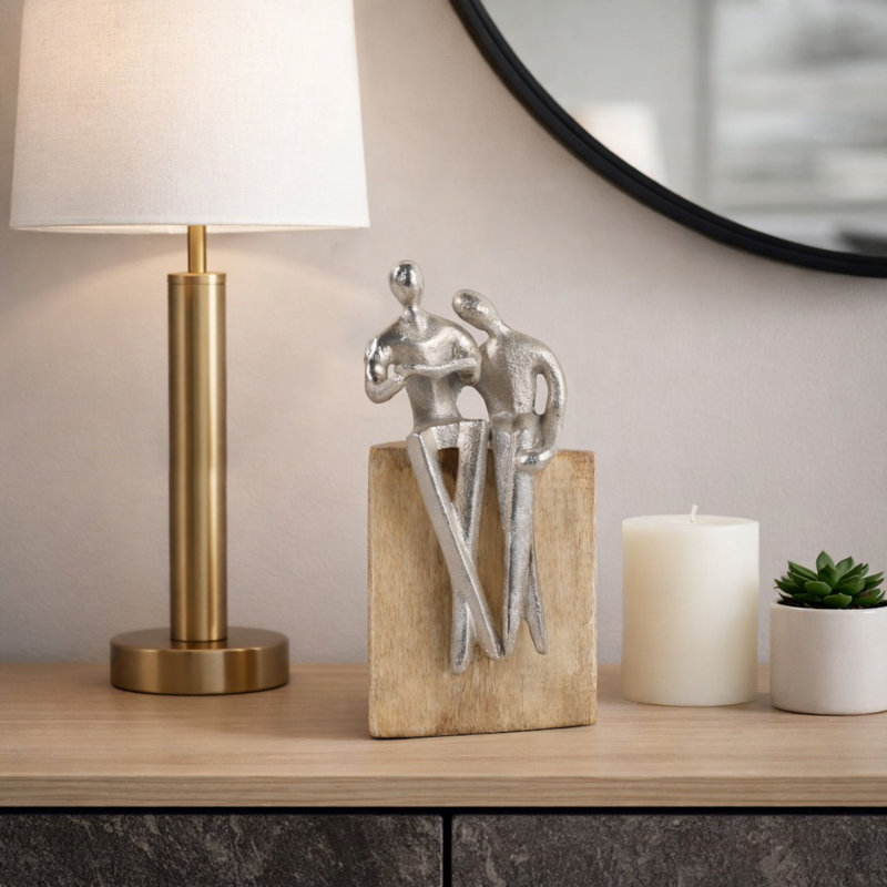 Figurine décorative sur base en bois pour décoration intérieure - Sculpture moderne pour console ou décoration de salon - 10 po, brun et argent