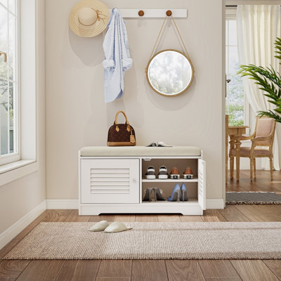 Banc de rangement pour chaussures 29,5 po avec armoire à 2 portes, banc d'entrée avec rangement pour chaussures blanc, banc à chaussures avec coussin, tablettes réglables