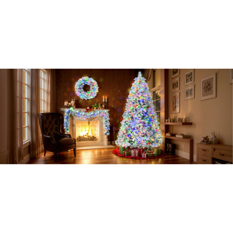 Arbre de Noël enneigé 6 pi, ensemble illuminé avec arbre, guirlande et couronne, arbre de Noël articulé artificiel avec lumières DEL colorées, 8 modes d'éclairage, pommes de pin, décoration des Fêtes pour la maison