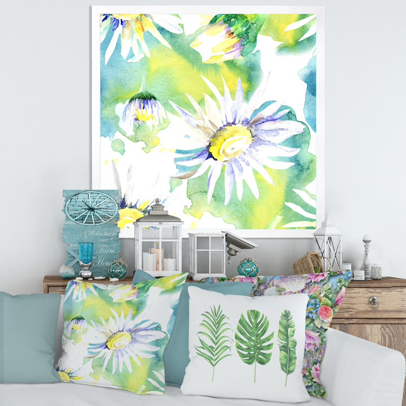 «Daisy Flowers Aquarelle Impression II», peinture sur toile, H 36 po x l 36 po x 1,5 po, Toile blanche encadrée