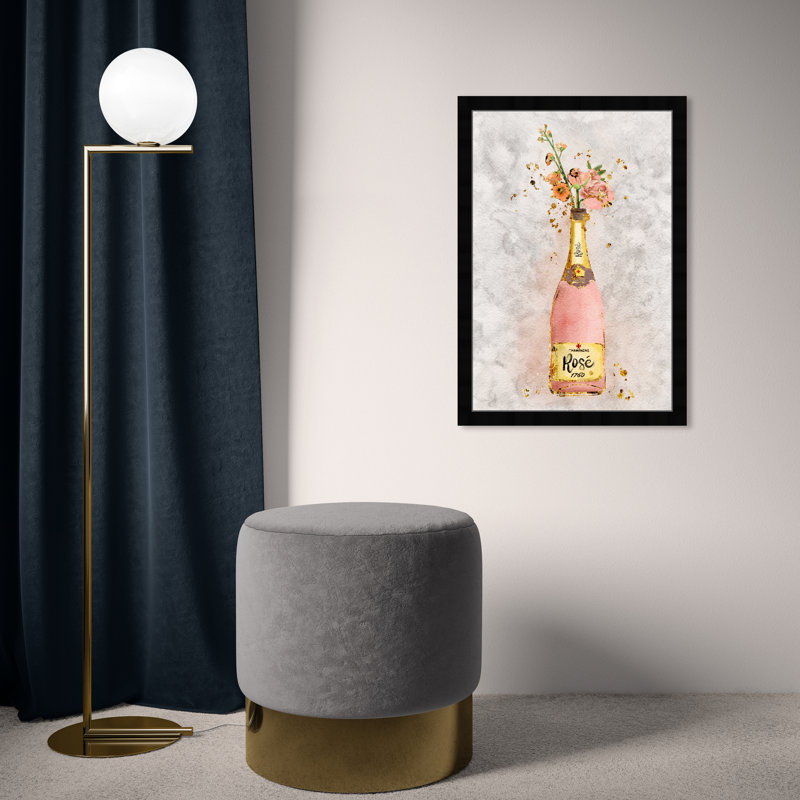 Champagne Rosado - peinture sur toile, H 26 po x l 18 po, Papier avec cadre noir