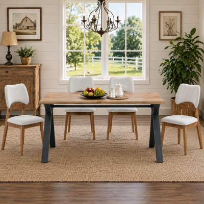 63" Modern Farmhouse Dining Table Set for 4, Rectangular Wood Grain Kitchen Table and Chairs with PU Upholstered Solid Wood Dining Chairs