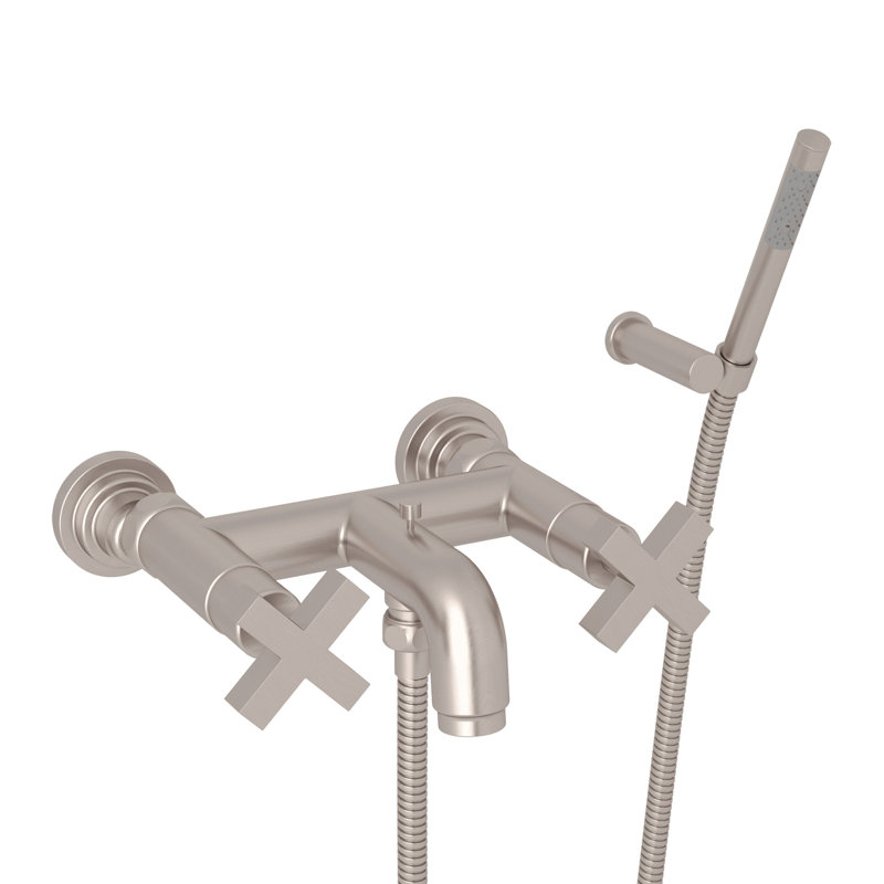 Lombardia Exposed Wall Mount Tub Filler, Satin Nickel, Cross Handle