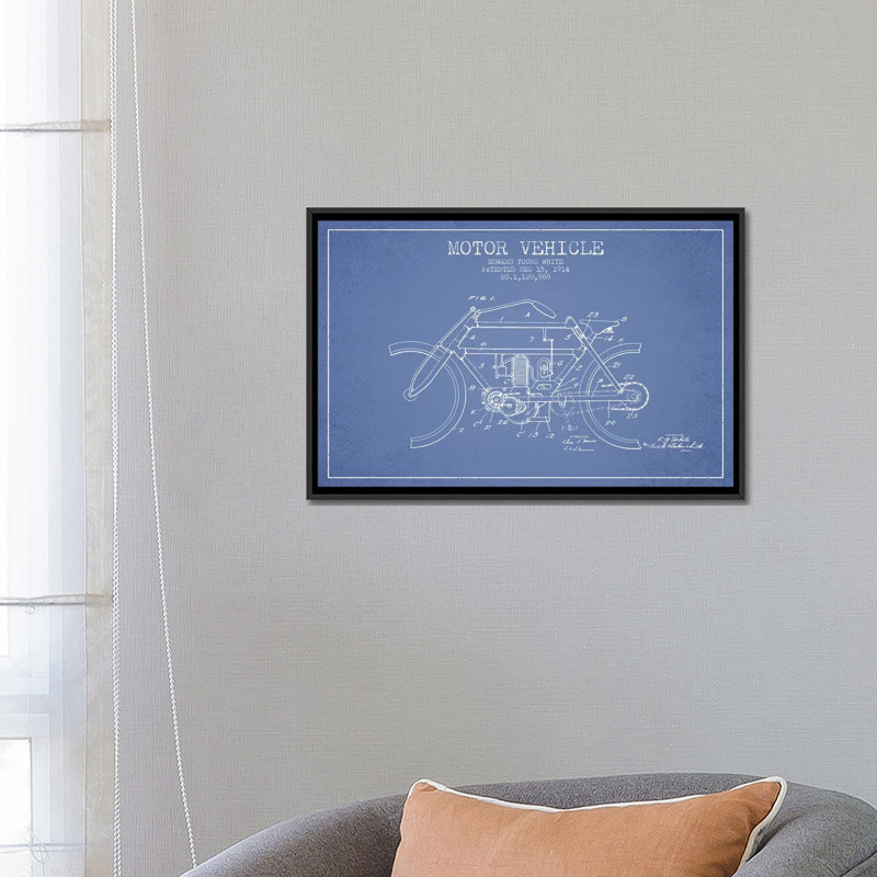 « edward y. motor automobile sketch », impression sur toile en bleu ciel, Toile avec cadre noir, Pas de tapis
