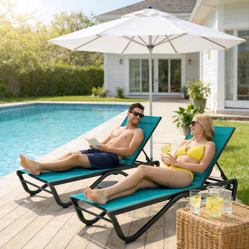 Kozyard Outdoor Chaise Lounge Chair, All Aluminum Frame and Textilene Fabric, Fully Flat Adjustable Reclining Patio Lounger for Poolside, Sunbathing & Backyard, Aqua