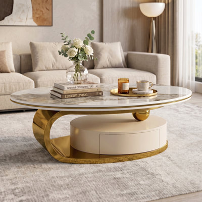 Table basse ovale moderne 51 po entièrement assemblée avec tiroir de rangement, plateau en pierre frittée blanche et base en acier inoxydable doré