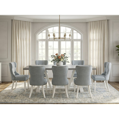 L'ensemble de table de salle à manger 9 pièces pour cuisine est composé d'une table en bois de ciment et de 8 chaises Parson en tissu bleu lin avec dossier capitonné - Lin brossé blanc