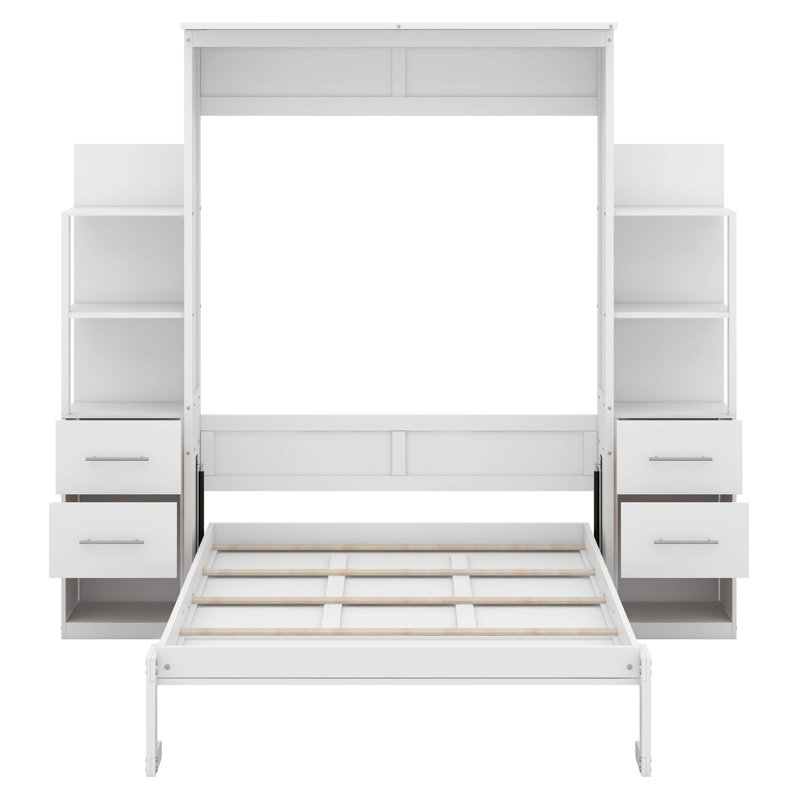 Full Murphy Bed Wall Bed With Shelves, White