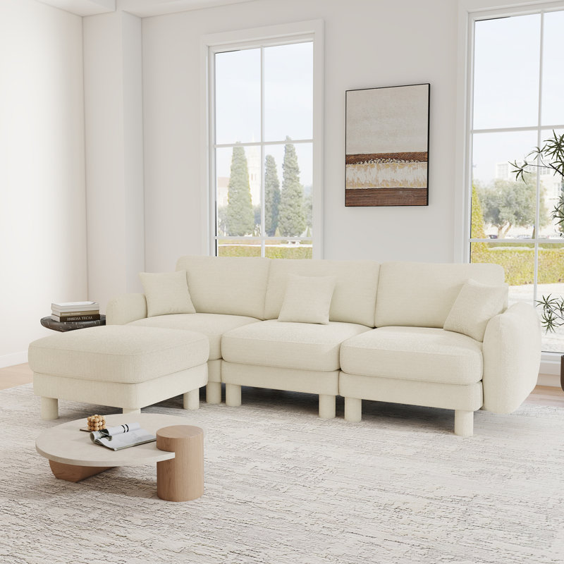 Modern Boucle Upholstered Sofa,3-Seater L-Shaped Sofa Couch With  Movable Ottoman, Beige