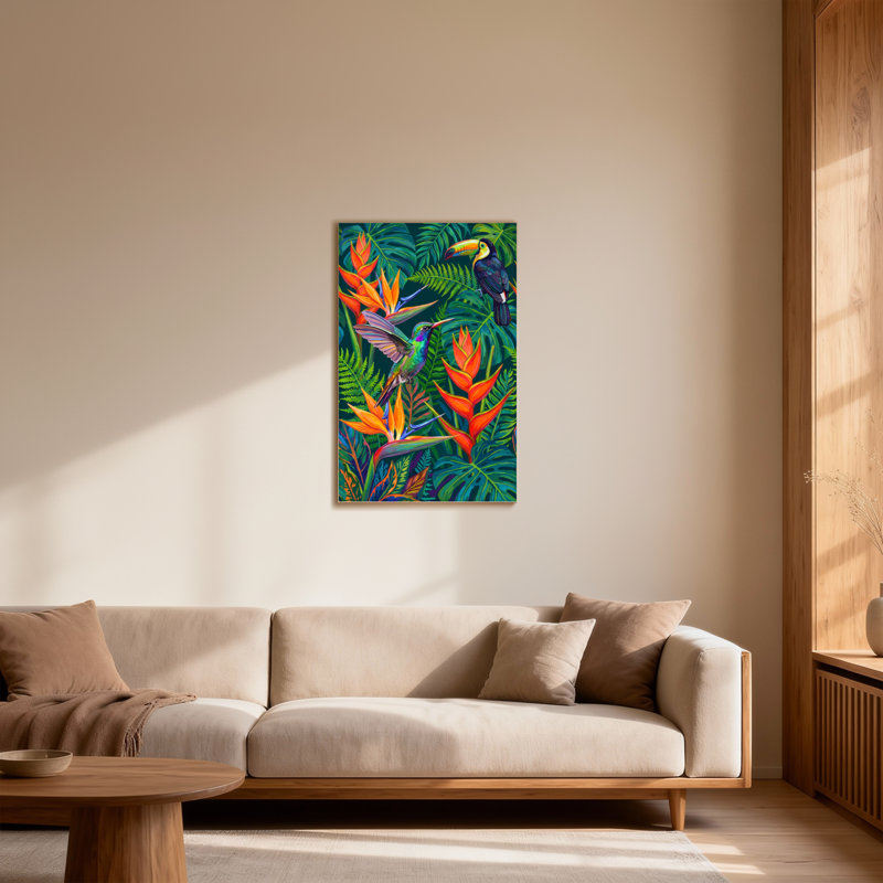 Animaux, oiseaux tropicaux et fleurs, H 12 po x l 18 po