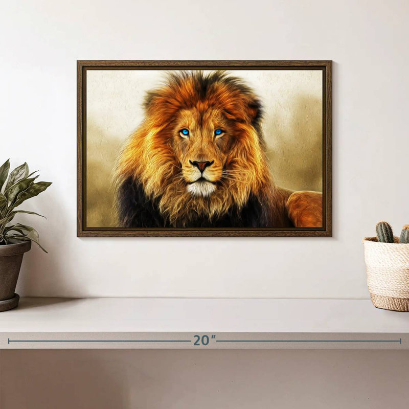 Lion aux yeux bleus, 13 po x 9 po, Cadre flottant en noyer