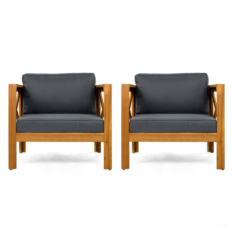 Outdoor Acacia Wood Club Wooden Armchair With Cushions, Conversation Set,Teak Finish, Dark Gray