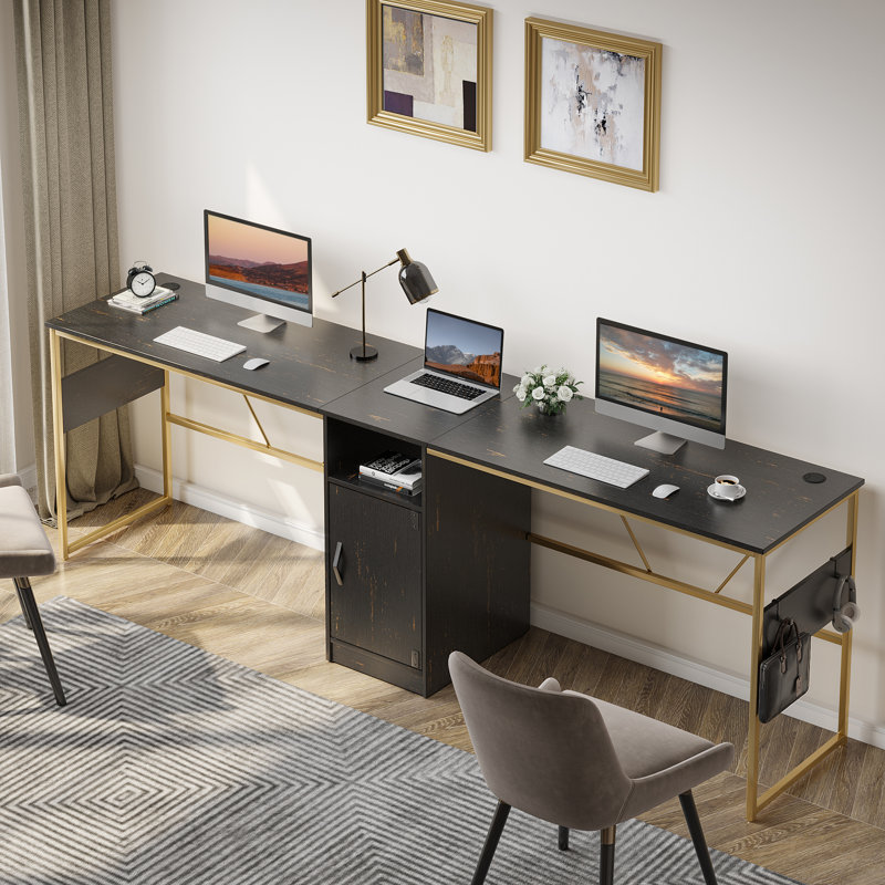 Fulcher 95.2'' W Reversible Manufactured Wood L-Shaped Desk with Cabinet, Black/Gold